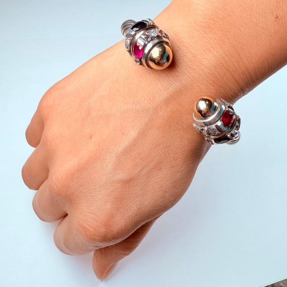 14K Gold Renaissance Ruby & Spinel Cable Cuff Sterling Silver 925 Bracelet - Picture 9 of 11